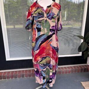 O-nelue Maxi Dress Size XL Button Down Neck Line Multi Print